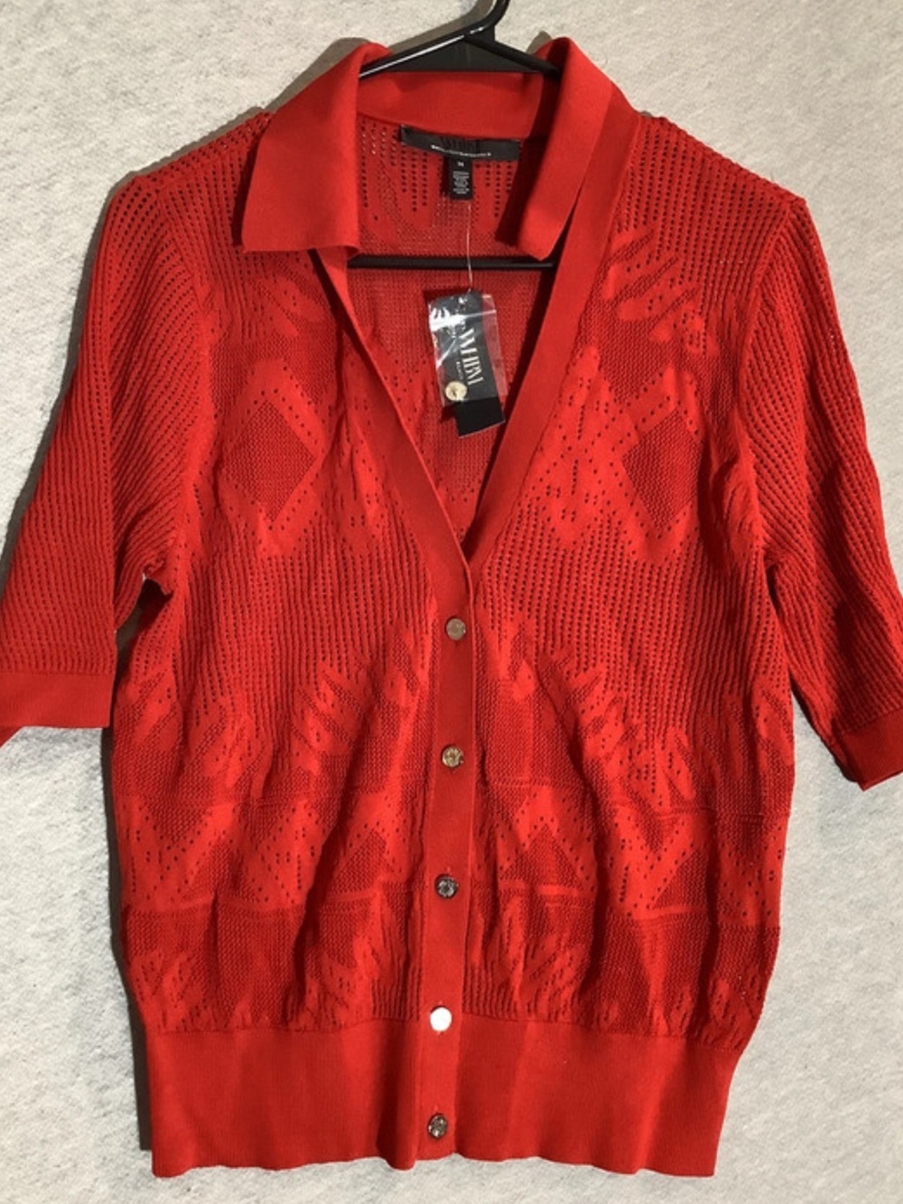 White House Black Market Red Open-Knit Collared Button-Front Cardigan